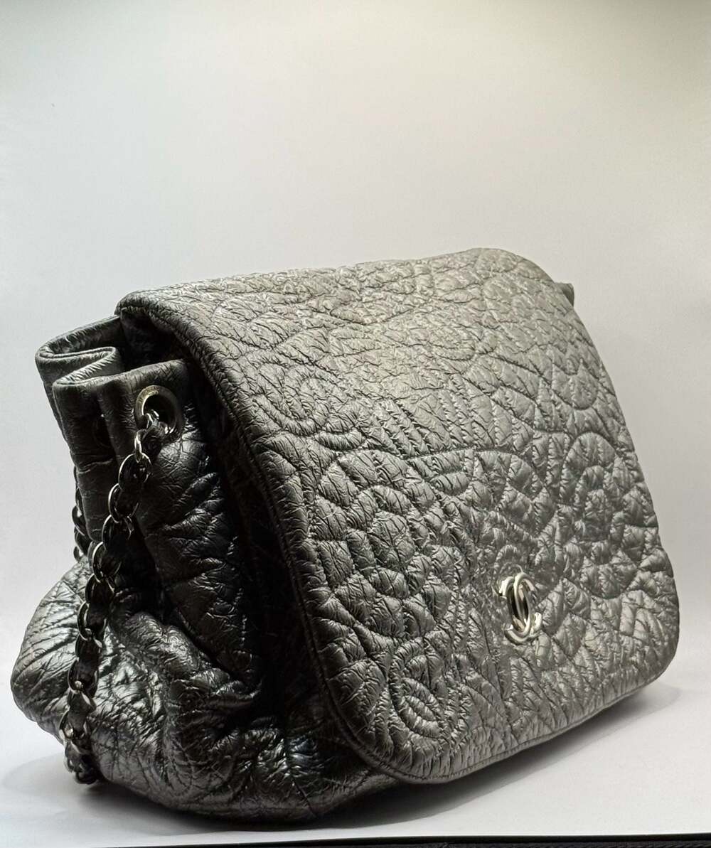 Chanel Silver CC Vinyl Camellia Graphic Edge Accordion Flap Bag with Silver-Tone
